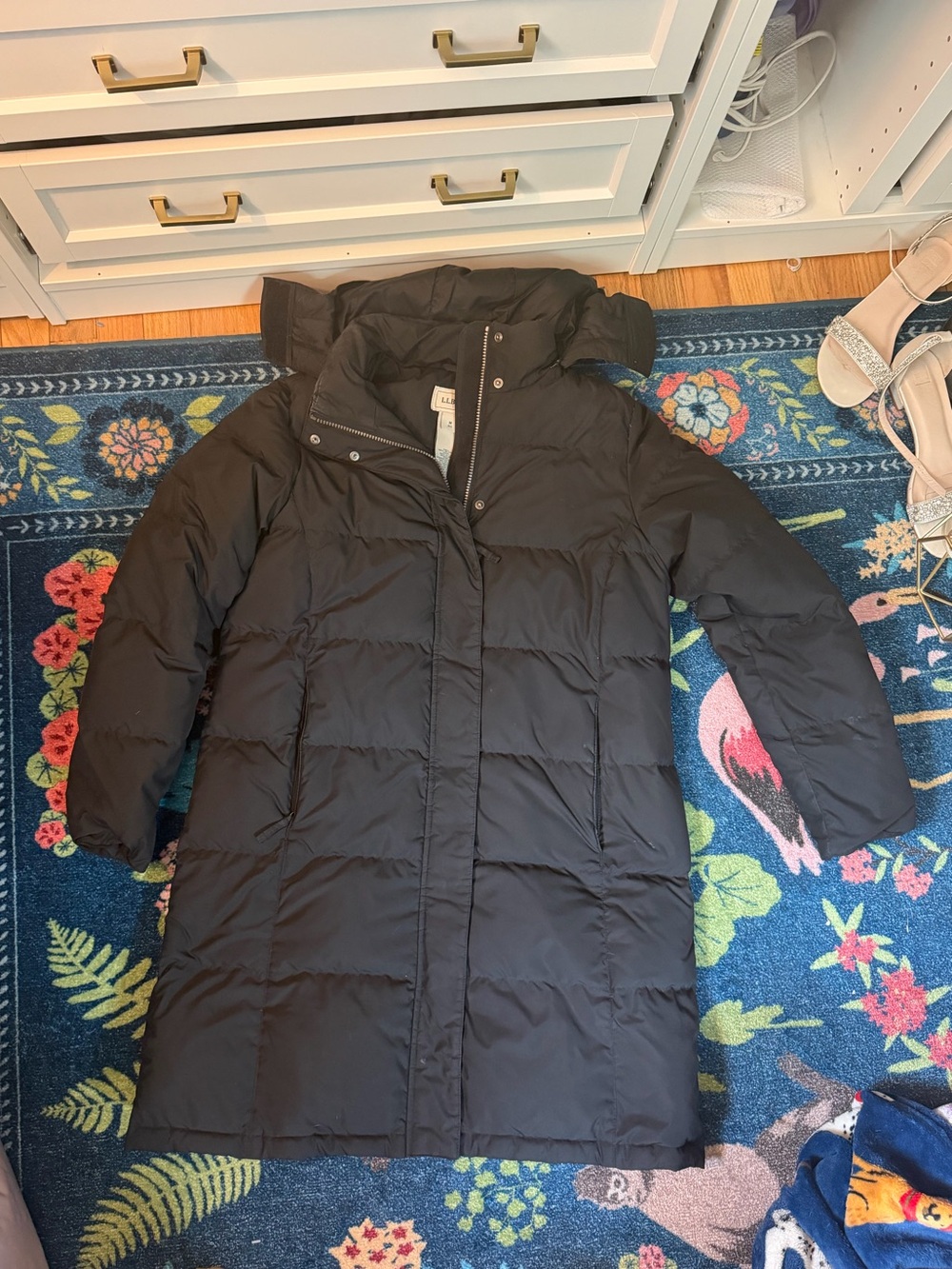 L.L. Bean Black Long Quilted Puffer Coat with Hood